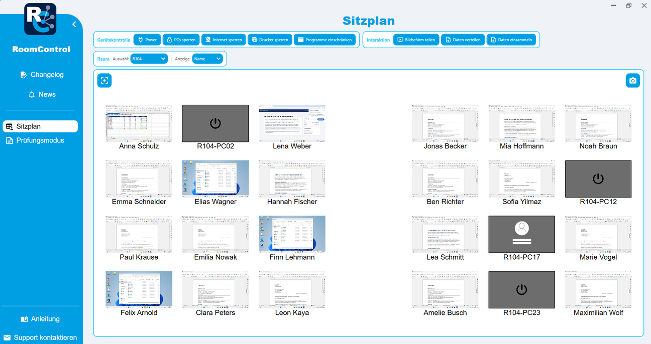 RoomControl Sitzplan mit Live-Vorschau der Teilnehmer-Bildschirme