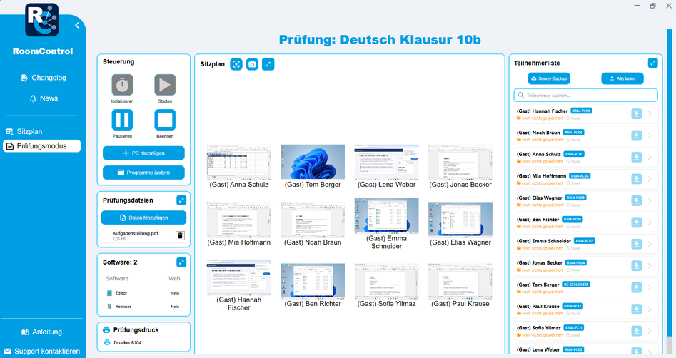 Prüfungsmodus: Prüfungs-Dashboard mit Sitzplan und Teilnehmerliste